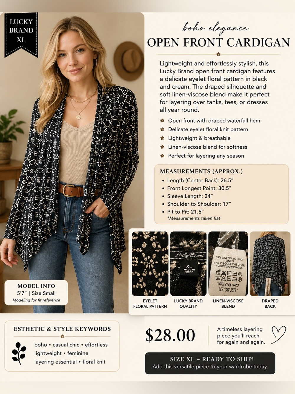 Lucky Brand Black and White Geometric Open-Front Cardigan - Picture 1 of 12